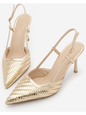 Marjin Kadın Stiletto Sivri Burun Örgü Desen Arkası Açık Topuklu Ayakkabı Arisa Altın