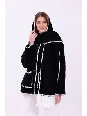 Saint Majesta Kadın Nakışlı Atkılı Kalın Kaşe Triko Ceket-Hırka | Ekstra Sıcak Kışlık