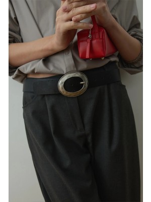 Suud Collection Siyah Eskitme Metal Oval Tokalı Kemer