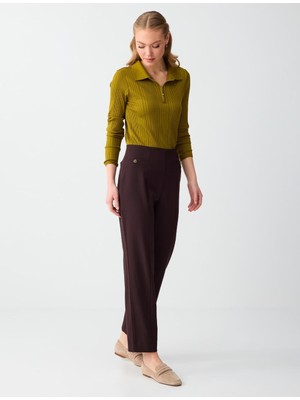 Jimmy Key Acı Kahve Yüksek Bel Düğme Detaylı Dokuma Pantolon