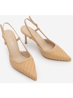 Marjin Kadın Stiletto Sivri Burun Örgü Desen Arkası Açık Topuklu Ayakkabı Arisa Camel