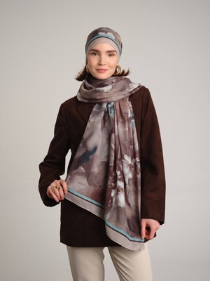 AYSHARA Hâle Çiçek Desenli Tek Taraflı Şal -  Kahve Bej