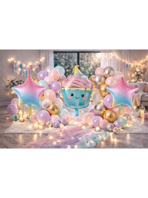 Joyane Renk Geçişli Dondurma Balon Seti 37 Parça – Yıldız Folyo Pastel Doğum Günü Parti