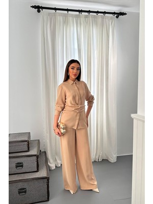 Cemo Kadın Klasik Yaka Kemer Detaylı Gömlek Pantolon Takım
