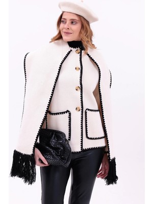 Saint Majesta Kadın Nakışlı Atkılı Kalın Kaşe Triko Ceket-Hırka | Ekstra Sıcak Kışlık