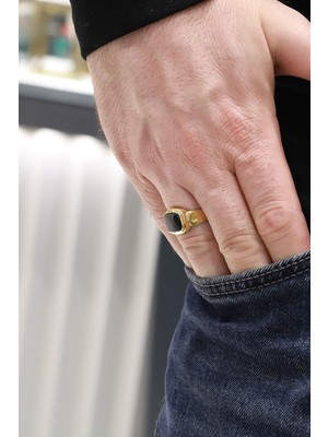 Aydın Kuyumculuk 14 Ayar Altın,siyah Taşlı Erkek Yüzüğü AGYZK316