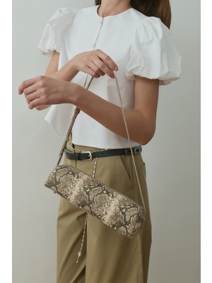 Suud Collection Kahverengi Mervie Yılan Desenli Baget Çanta