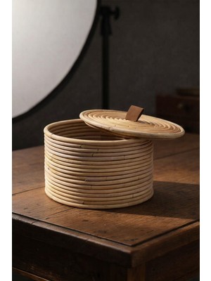 Barine Gouda Deri Saplı Kapaklı Rattan Sepet / Kutu 24X24XH17