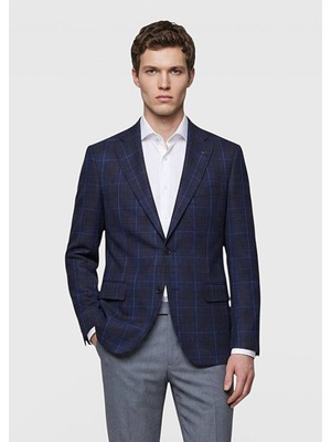 Ramsey İndigo Kareli Zeroweight Slim Fit Yün Karışımlı Ceket
