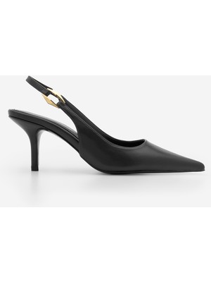 Marjin Kadın Stiletto Sivri Burun Arkası Açık Lastikli Altın Tokalı Kısa Ince Topuklu Ayakkabı Henka Siyah