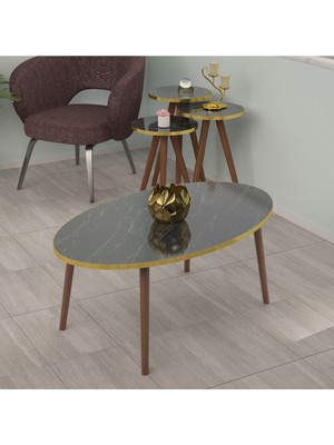 Gold Falez Zigon Sehpa ve Orta Sehpa Set Ahşap Torna Elips Altın Siyah Mermer Desen