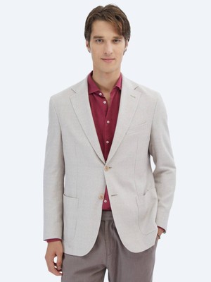 Somon Desenli Modern Fit Keten Karışımlı Ceket