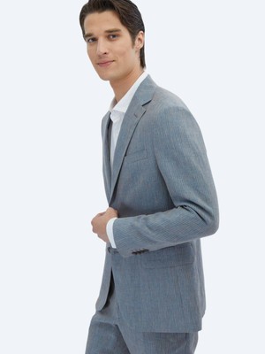 Koyu Mavi Çizgili Modern Fit %100 Keten Takım Elbise