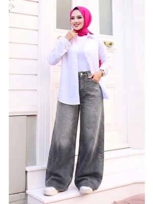 Tesettür Diyarı Kadın Retro Baggy Kot Pantolon- Koyu Gri