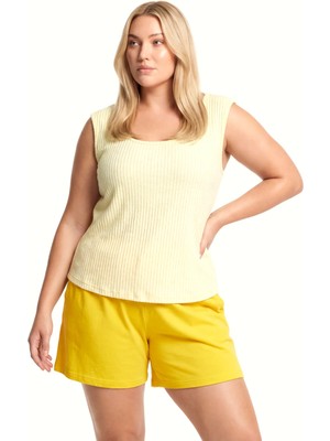 Akbeniz Büyük Beden Fitilli Şortlu Atletli Kadın Pijama Takımı – Sarı