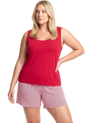 Akbeniz Kadın Büyük Beden Çizgili Cep Şortlu Pijama Takımı - Kırmızı