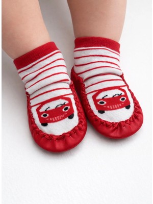 Minissa Baby Kids Çarık Çorap Kırmızı Arabalı Kaymaz Taban Deri Bebek Çocuk Patiği