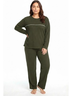 Akbeniz Büyük Beden Şerit Detaylı Kalın Uzun Kollu Kadın Pijama Takımı  Haki