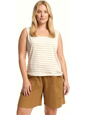 Akbeniz Büyük Beden Çizgili Şortlu Atletli Kadın Cepli Pijama Takımı – Bej