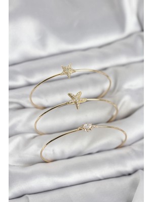 Gold Renk Zirkon Taşlı Deniz Yıldızı Model 3'lü Kadın Bileklik Kombini