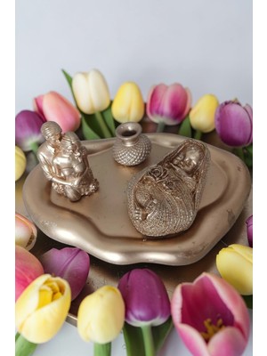 Doğal Altın Renk Dekoratif Aile ve Bebek Biblo Seti - 3'lü Figür Takımı ✨💛