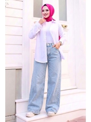 Tesettür Diyarı Kadın Baggy Kot Pantolon- Açık Mavi