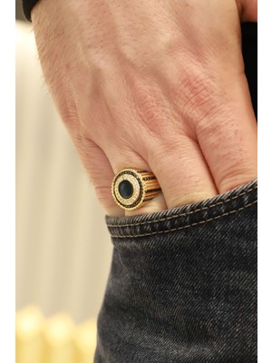 Aydın Kuyumculuk 14 Ayar Altın,siyah Taşlı Erkek Yüzüğü AGYZK302