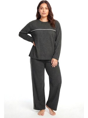 Akbeniz Büyük Beden Şerit Detaylı Kalın Uzun Kollu Kadın Pijama Takımı  Antrasit