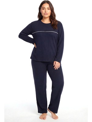 Akbeniz Büyük Beden Şerit Detaylı Kalın Uzun Kollu Kadın Pijama Takımı  Lacivert