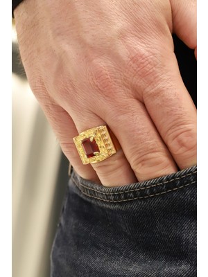 Aydın Kuyumculuk 14 Ayar Altın,kırmızı Taşlı Erkek Yüzüğü AGYZK308