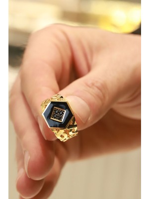 Aydın Kuyumculuk 14 Ayar Altın,siyah Taşlı Erkek Yüzüğü AGYZK307