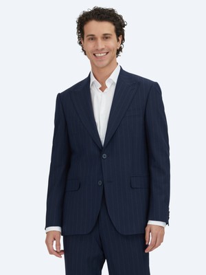 Lacivert Çizgili Modern Fit Yün Karışımlı Takım Elbise