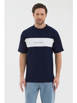 Werroni Erkek Lacivert Renk Beyaz Parçalı Modern Tasarım T-Shirt