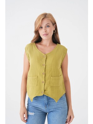 Saint Majesta Kadın Müslin Cepken Yelek Bluz %100 Pamuk Önden Düğmeli Yazlık Şık Üst