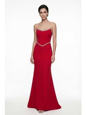 Lafaba Kadın Kırmızı Dar Kalıp Straplez Taşlı Peplum Kesim Söz Nişan Nikah Abiye