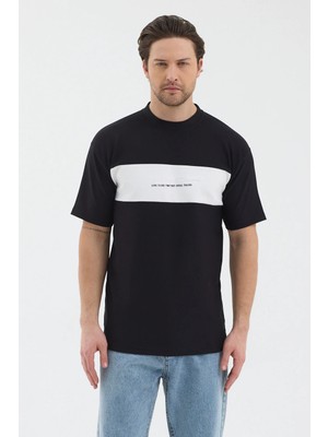 Werroni Erkek Siyah Renk Beyaz Parçalı Modern Tasarım T-Shirt