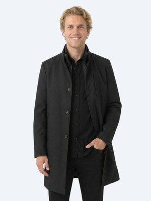 Kip Siyah Regular Fit Kruvaze Yaka Casual Dokuma Pardösü