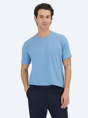 Kip Unisex Mavi Düz Bisiklet Yaka %100 Pamuk T-Shirt