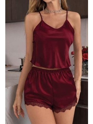 Miss Feliz Bordo Saten Kumaş Yumuşak Dokulu Şık,lüks,zarif Dantelli Şortlu Pijama Takımı