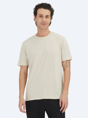 Kip Unisex Bej Düz Bisiklet Yaka %100 Pamuk T-Shirt