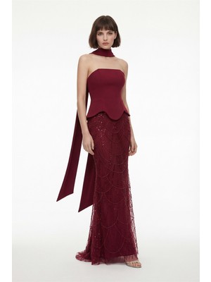 Lafaba Kadın Bordo Dar Kalıp Straplez Taşlı Uzun Balık Abiye