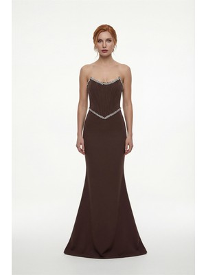 Lafaba Kadın Kahverengi Dar Kalıp Straplez Taşlı Peplum Kesim Söz Nişan Nikah Abiye