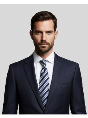 1001 Kravat Lacivert Beyaz Mavi Çizgili 7,5 cm Genişliğinde Ipek Kravat