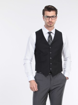 Kip Siyah Slim Fit Klasik Dokuma Yelek