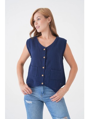 Saint Majesta Kadın Müslin Cepken Yelek Bluz %100 Pamuk Önden Düğmeli Yazlık Şık Üst