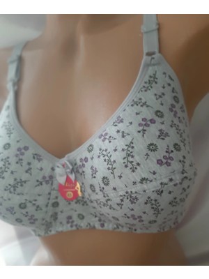 Shine Elagance Gri Üzerine Çiçek Desenli Desteksiz Balensiz Süngerli Iç Kısmı %70 Cotton %30 Polyester Kadın Rahat Sütyen