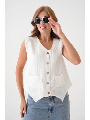 Saint Majesta Kadın Müslin Cepken Yelek Bluz %100 Pamuk Önden Düğmeli Yazlık Şık Üst