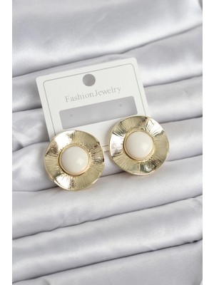 Vintage Model Beyaz Gold Renk Pirinç Kadın Küpe