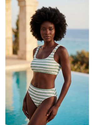 Kadın Sea La Vie Yeşil Çizgili Dokulu Kumaş Yüksek Bel Bikini Takımı