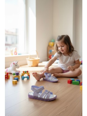 Enoch Kalp Desenli Simli Bant ve Taş Şeritli Konforlu Çocuk Sandalet